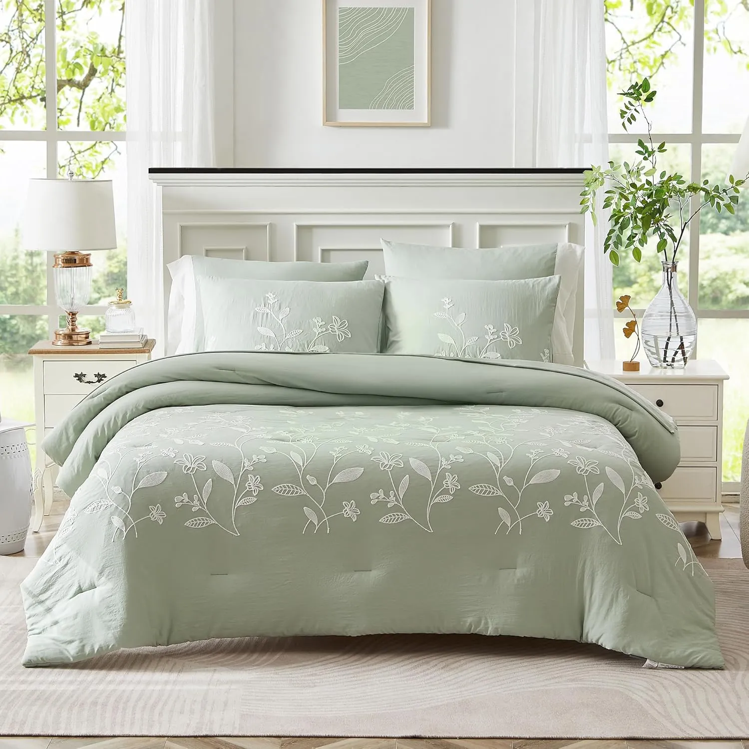 MaiRêve Queen Size Comforter Sets, Embroidery Queen Bedding Sets 7 Pieces, Sage Green Comforter Set Queen Size, All Season Bed in A Bag Queen with Sheets, Comforter,Pillowcase & Shams