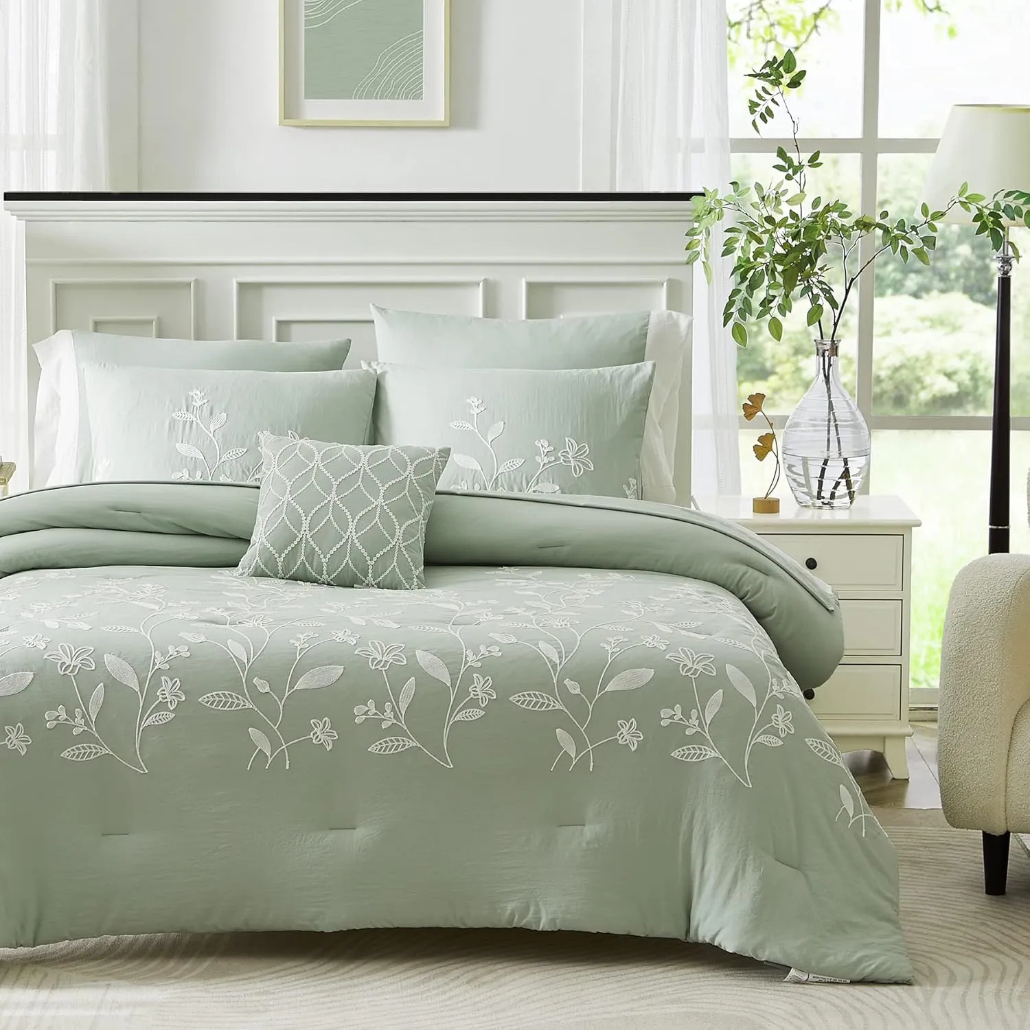 MaiRêve Queen Size Comforter Sets, Embroidery Queen Bedding Sets 7 Pieces, Sage Green Comforter Set Queen Size, All Season Bed in A Bag Queen with Sheets, Comforter,Pillowcase & Shams