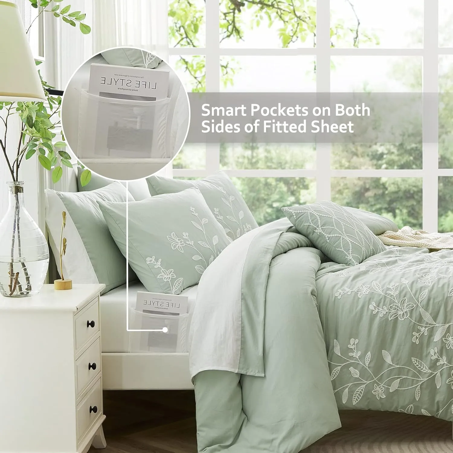 MaiRêve Queen Size Comforter Sets, Embroidery Queen Bedding Sets 7 Pieces, Sage Green Comforter Set Queen Size, All Season Bed in A Bag Queen with Sheets, Comforter,Pillowcase & Shams