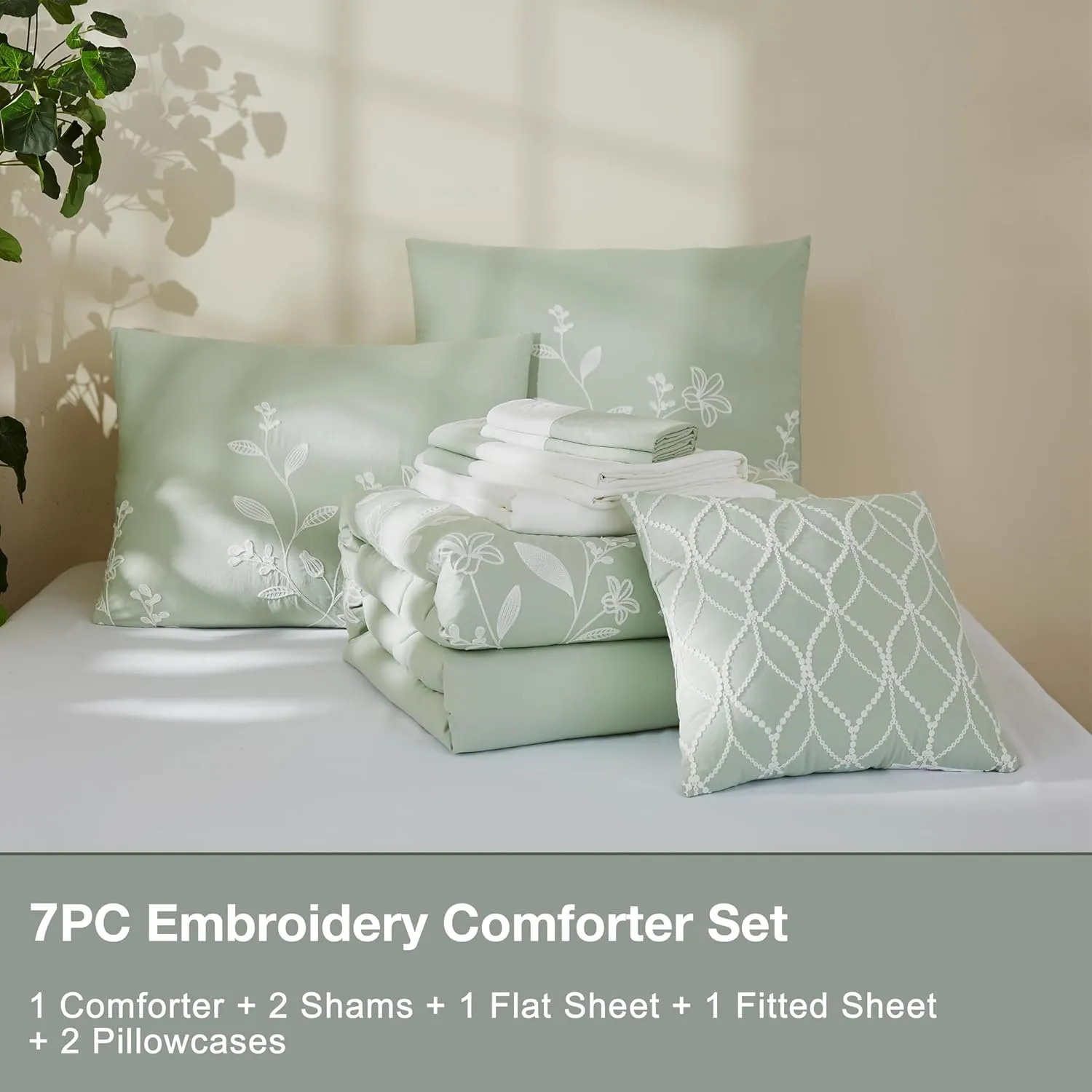 MaiRêve Queen Size Comforter Sets, Embroidery Queen Bedding Sets 7 Pieces, Sage Green Comforter Set Queen Size, All Season Bed in A Bag Queen with Sheets, Comforter,Pillowcase & Shams
