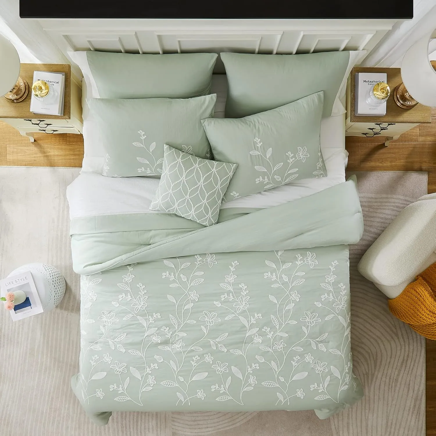 MaiRêve Queen Size Comforter Sets, Embroidery Queen Bedding Sets 7 Pieces, Sage Green Comforter Set Queen Size, All Season Bed in A Bag Queen with Sheets, Comforter,Pillowcase & Shams