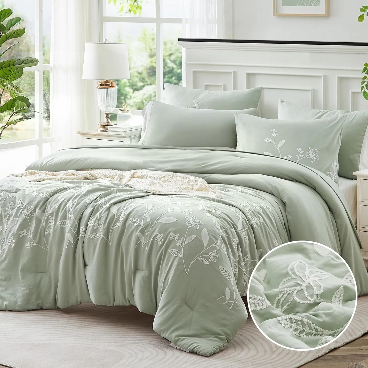 MaiRêve Queen Size Comforter Sets, Embroidery Queen Bedding Sets 7 Pieces, Sage Green Comforter Set Queen Size, All Season Bed in A Bag Queen with Sheets, Comforter,Pillowcase & Shams