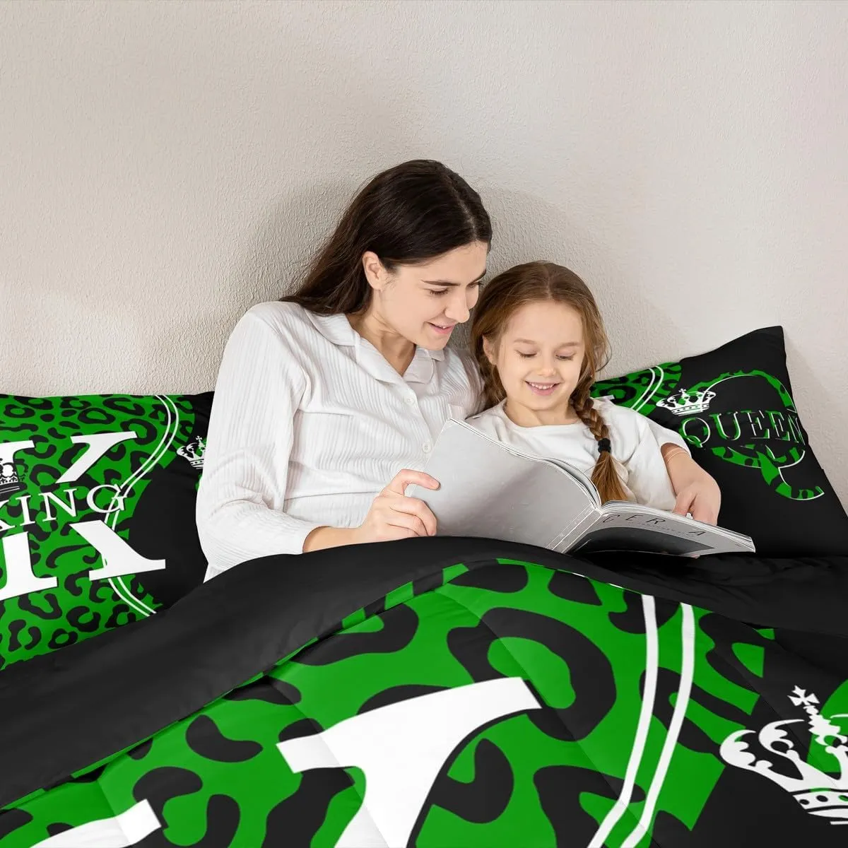 Manfei King and Queen Comforter Set,Green Leopard Cheetah Fur Patchwork Bedding Set for Kids Teens Bedroom,Romantic Crown Lovers Couples Quilt Set 2 Pcs with 1 Pillowcase,Toddler