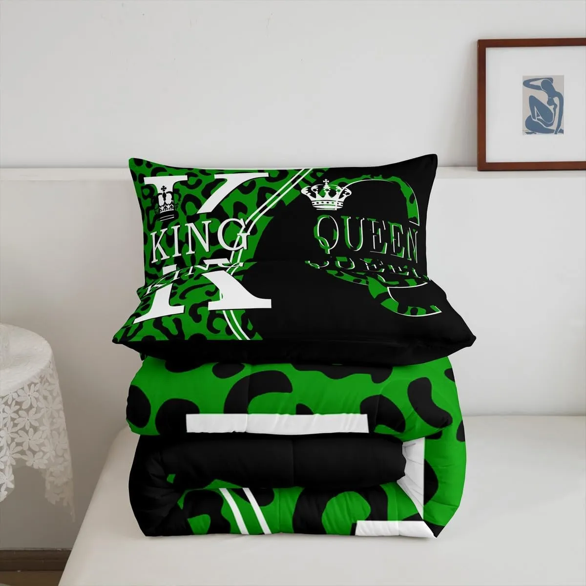 Manfei King and Queen Comforter Set,Green Leopard Cheetah Fur Patchwork Bedding Set for Kids Teens Bedroom,Romantic Crown Lovers Couples Quilt Set 2 Pcs with 1 Pillowcase,Toddler