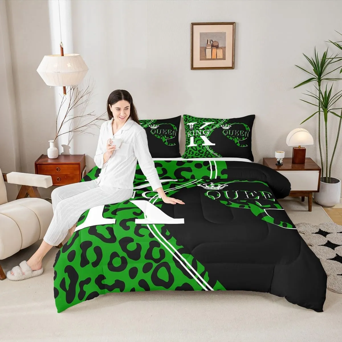 Manfei King and Queen Comforter Set,Green Leopard Cheetah Fur Patchwork Bedding Set for Kids Teens Bedroom,Romantic Crown Lovers Couples Quilt Set 2 Pcs with 1 Pillowcase,Toddler