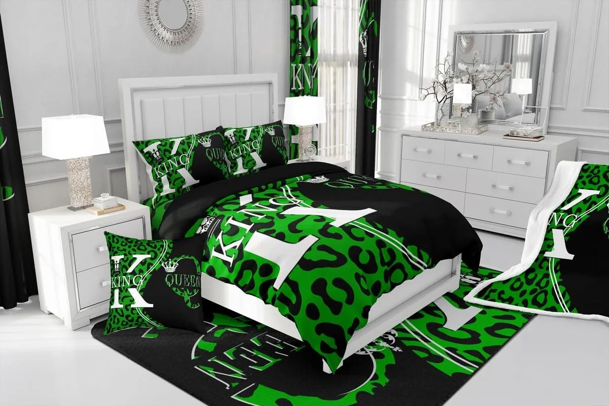Manfei King and Queen Comforter Set,Green Leopard Cheetah Fur Patchwork Bedding Set for Kids Teens Bedroom,Romantic Crown Lovers Couples Quilt Set 2 Pcs with 1 Pillowcase,Toddler