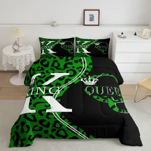 Manfei King and Queen Comforter Set,Green Leopard Cheetah Fur Patchwork Bedding Set for Kids Teens Bedroom,Romantic Crown Lovers Couples Quilt Set 2 Pcs with 1 Pillowcase,Toddler