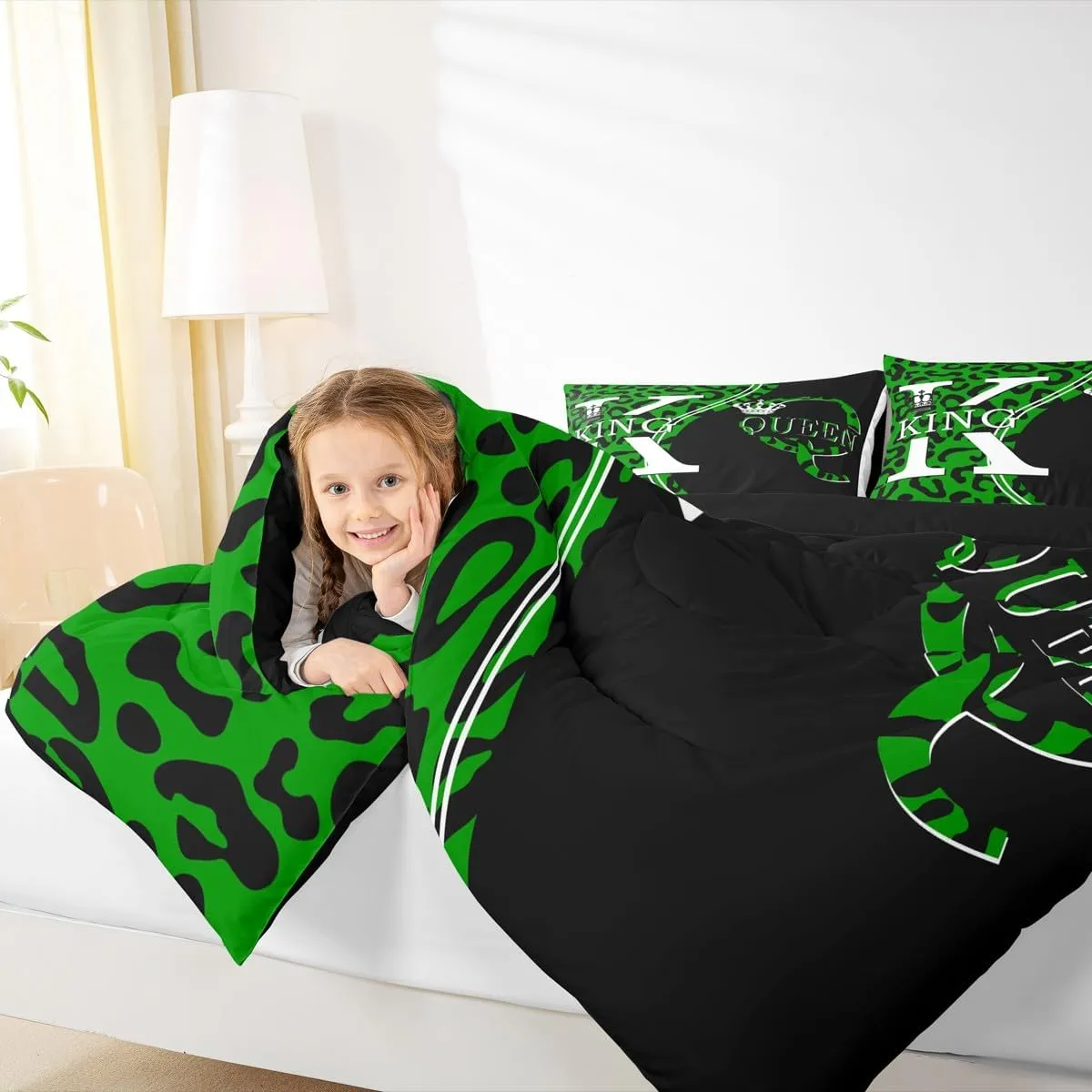 Manfei King and Queen Comforter Set,Green Leopard Cheetah Fur Patchwork Bedding Set for Kids Teens Bedroom,Romantic Crown Lovers Couples Quilt Set 2 Pcs with 1 Pillowcase,Toddler