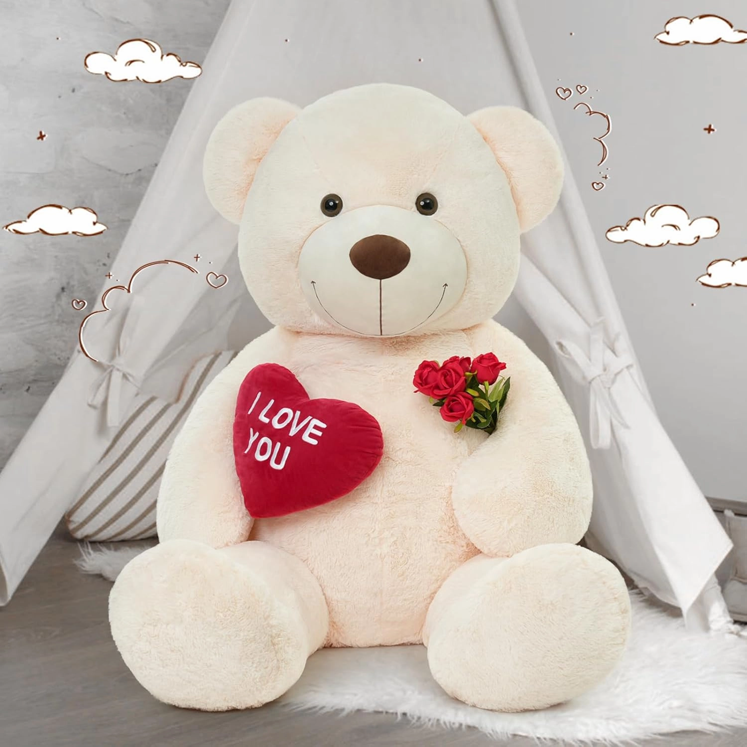 MaoGoLan Giant Teddy Bear 52" - I Love You Red Heart Big White Stuffed Animal - Large Valentines Teddy Bear for Girlfriend, Boyfriend, Wife, Lover - Anniversary, Birthday, Long Distance