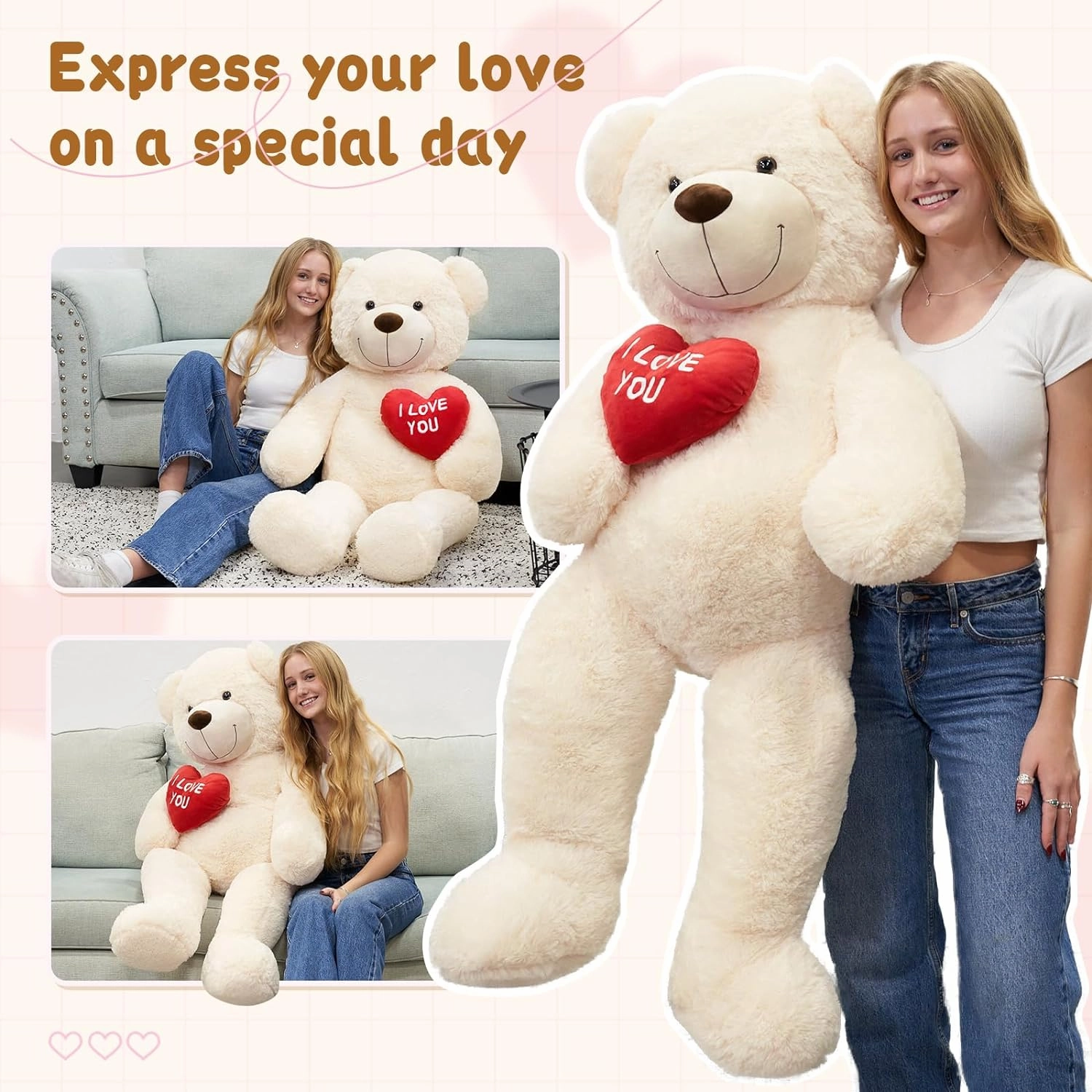 MaoGoLan Giant Teddy Bear 52" - I Love You Red Heart Big White Stuffed Animal - Large Valentines Teddy Bear for Girlfriend, Boyfriend, Wife, Lover - Anniversary, Birthday, Long Distance