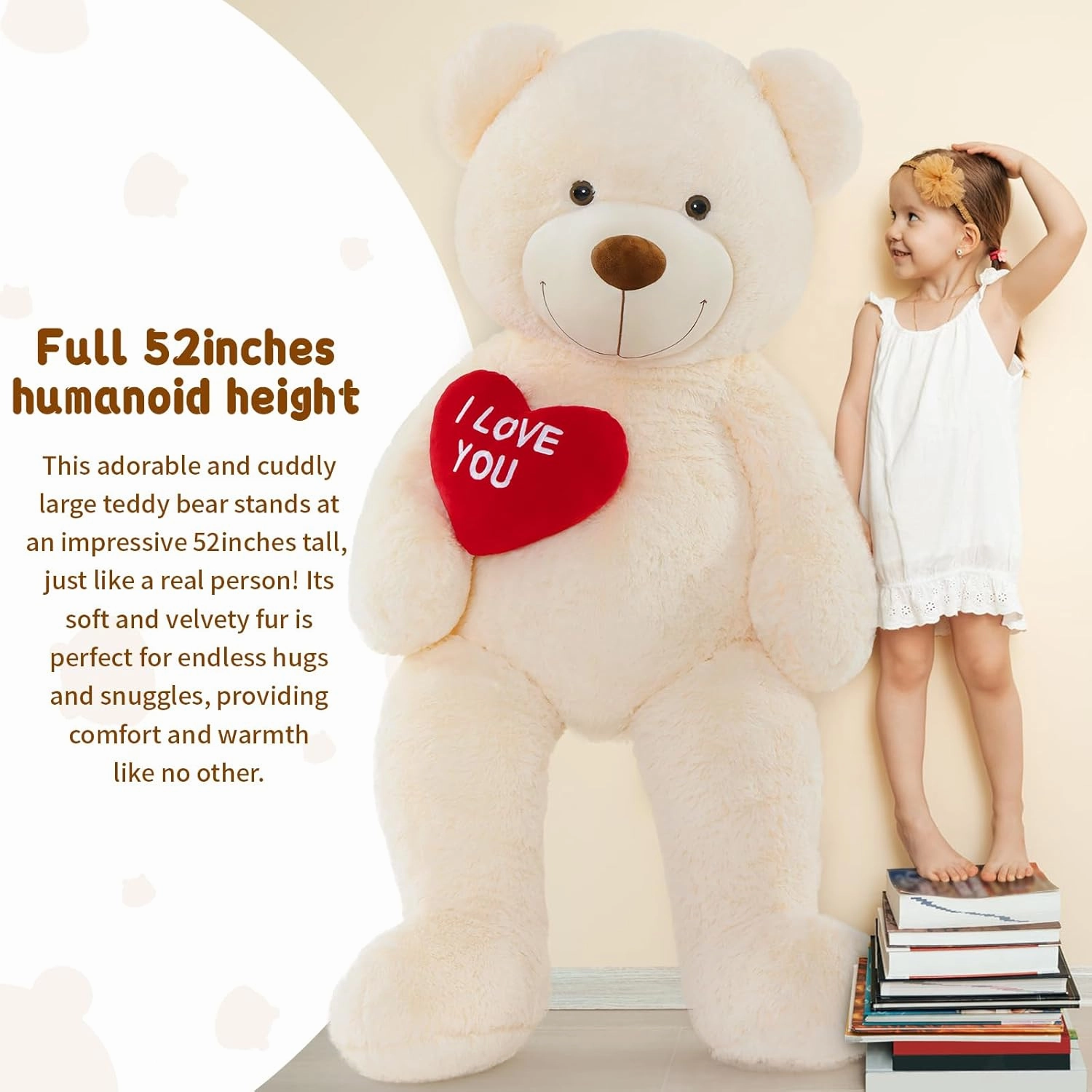 MaoGoLan Giant Teddy Bear 52" - I Love You Red Heart Big White Stuffed Animal - Large Valentines Teddy Bear for Girlfriend, Boyfriend, Wife, Lover - Anniversary, Birthday, Long Distance