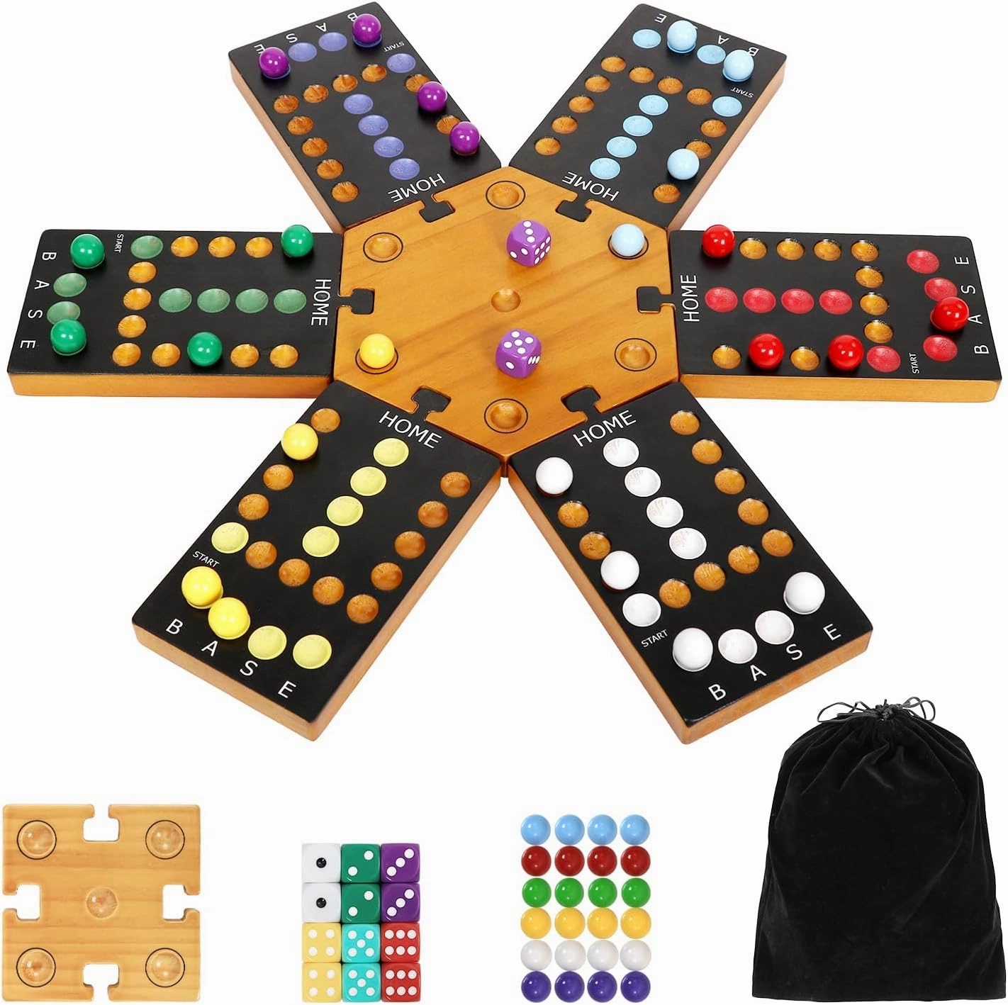 Marble Board Game, Wooden Board Game for 4 and 6 Players, Portable Original Marble Game with 24 Marbles 12 Dice for Family Friends Party Game Night Black