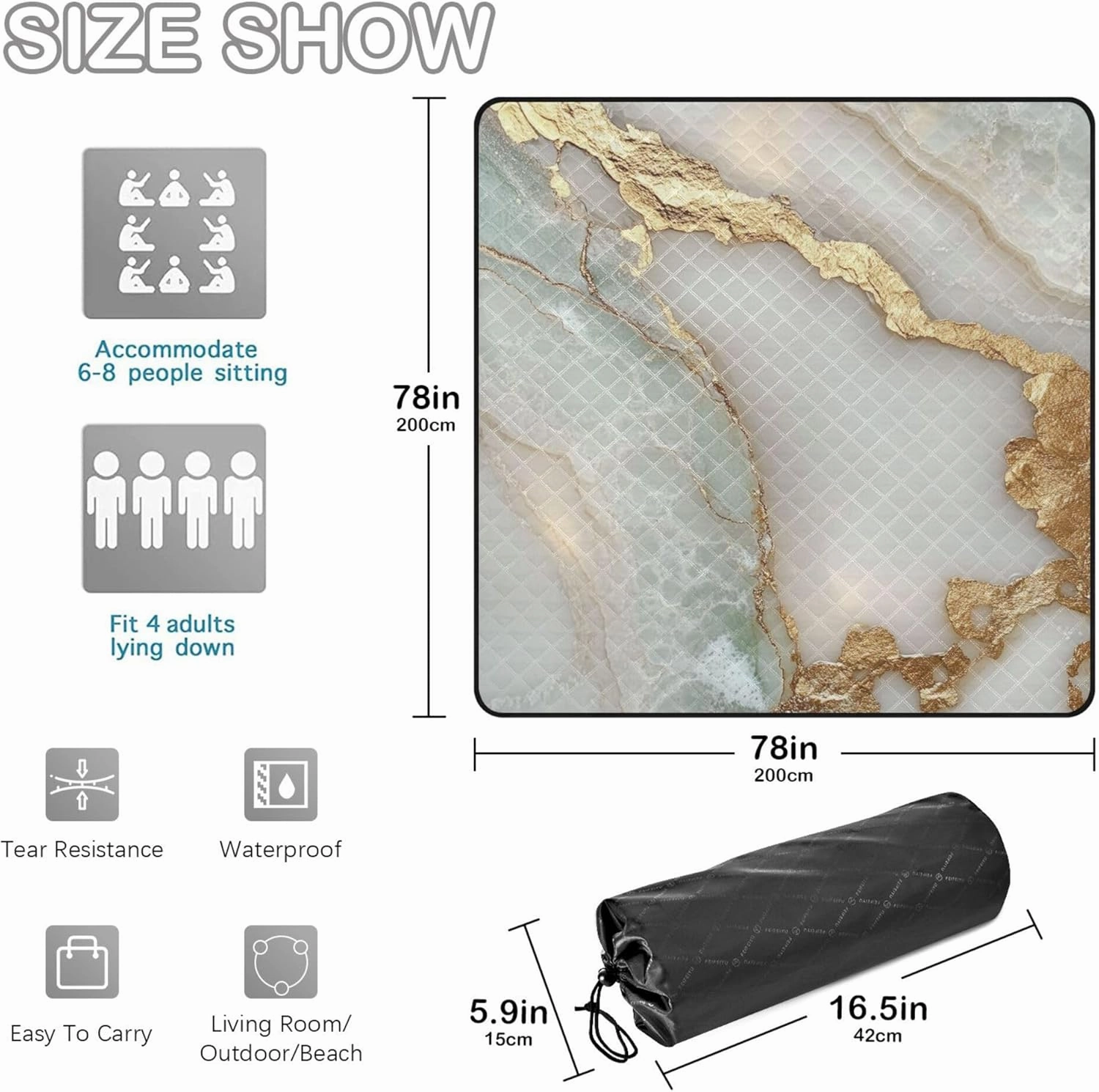 Marble White White Waterproof Beach Mat Portable Lawn Camp Rug for Ground Couples Gift Manta de Picnic Extra