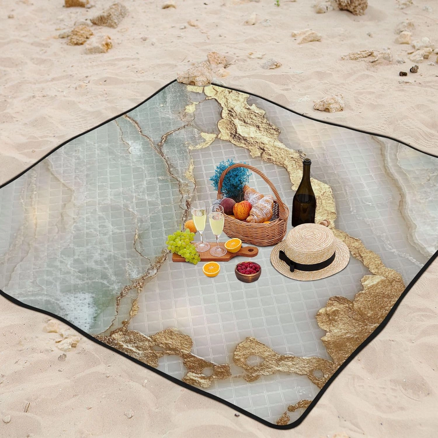 Marble White White Waterproof Beach Mat Portable Lawn Camp Rug for Ground Couples Gift Manta de Picnic Extra