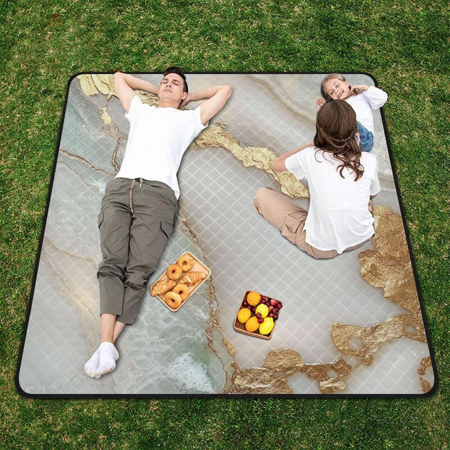 Marble White White Waterproof Beach Mat Portable Lawn Camp Rug for Ground Couples Gift Manta de Picnic Extra