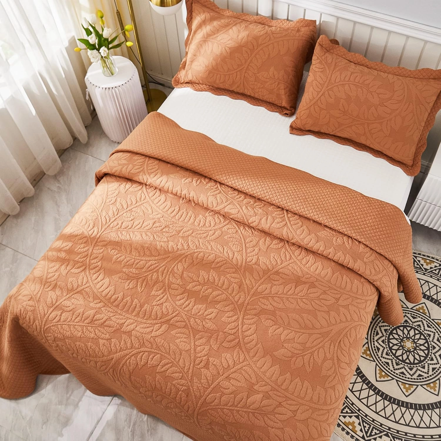 MarCielo 3-Piece 100% Cotton Oversized Bedspread Lightweight Quilt Coverlet Embroidery Farmhouse Bedding Set T0 (Royal Orange, Queen (100"x106"))