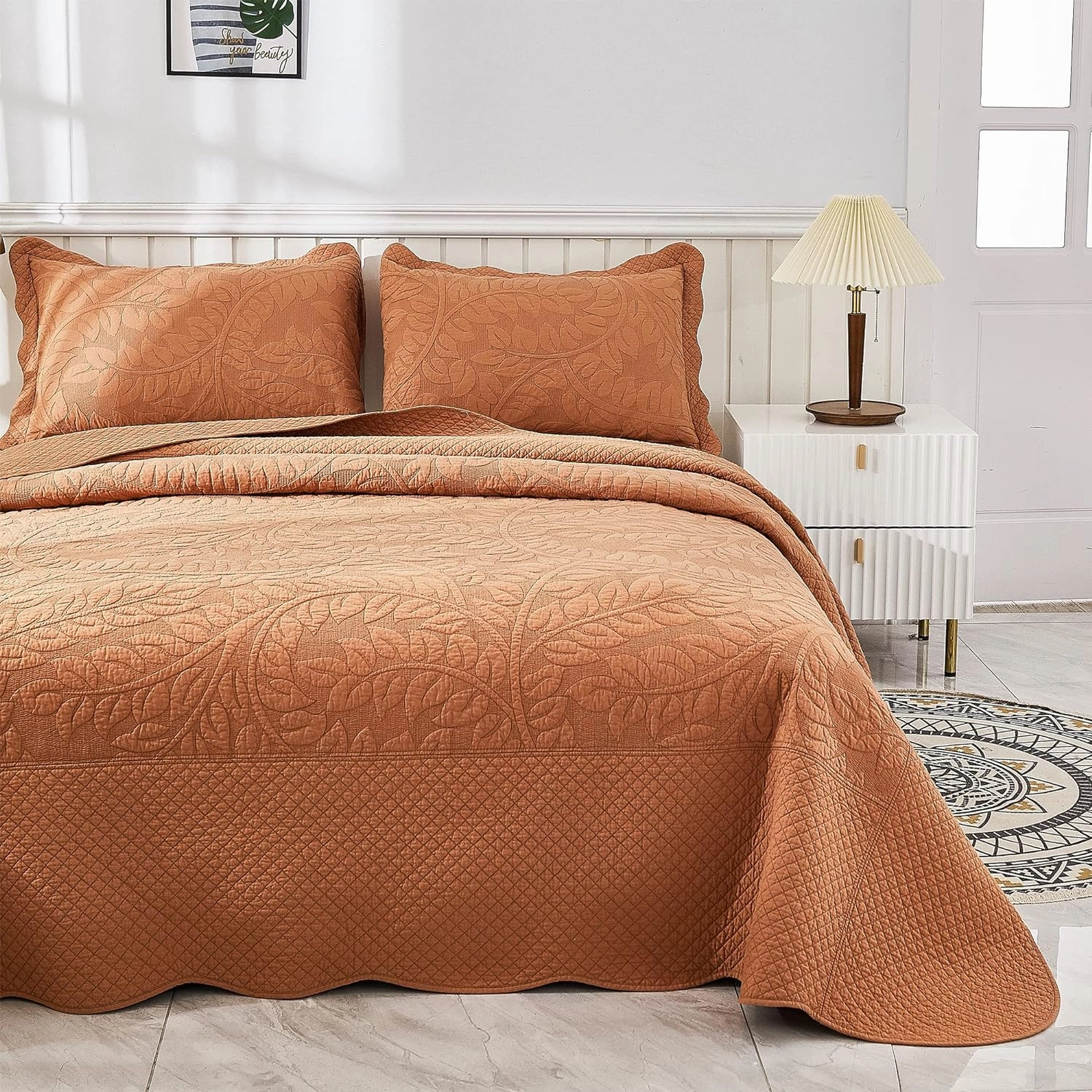 MarCielo 3-Piece 100% Cotton Oversized Bedspread Lightweight Quilt Coverlet Embroidery Farmhouse Bedding Set T0 (Royal Orange, Queen (100"x106"))