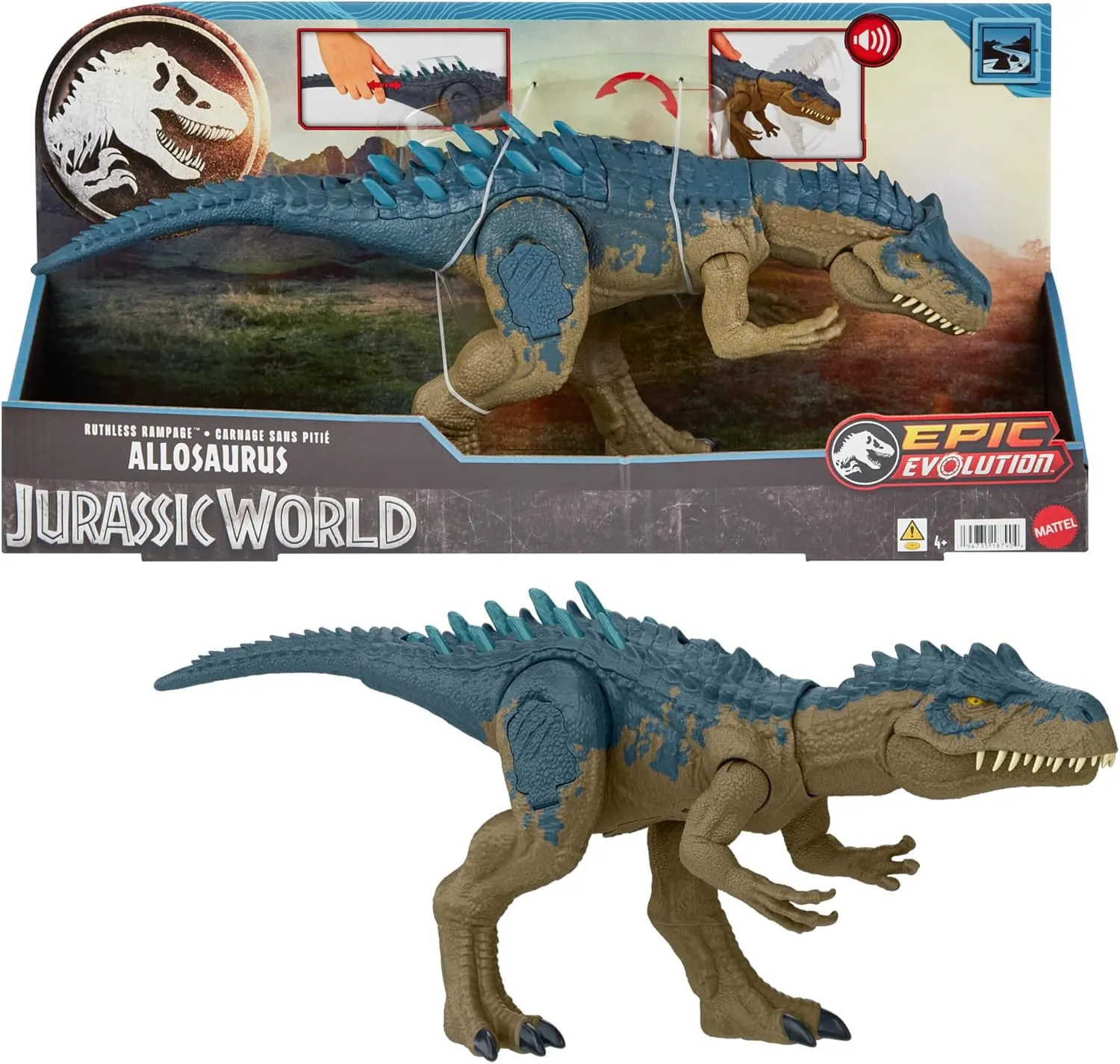Mattel Jurassic World Ruthless Rampagin' Dinosaur Toy, Allosaurus Dino Action Figure with Chomping Attack, Roar Sounds & Battle Spike Motion