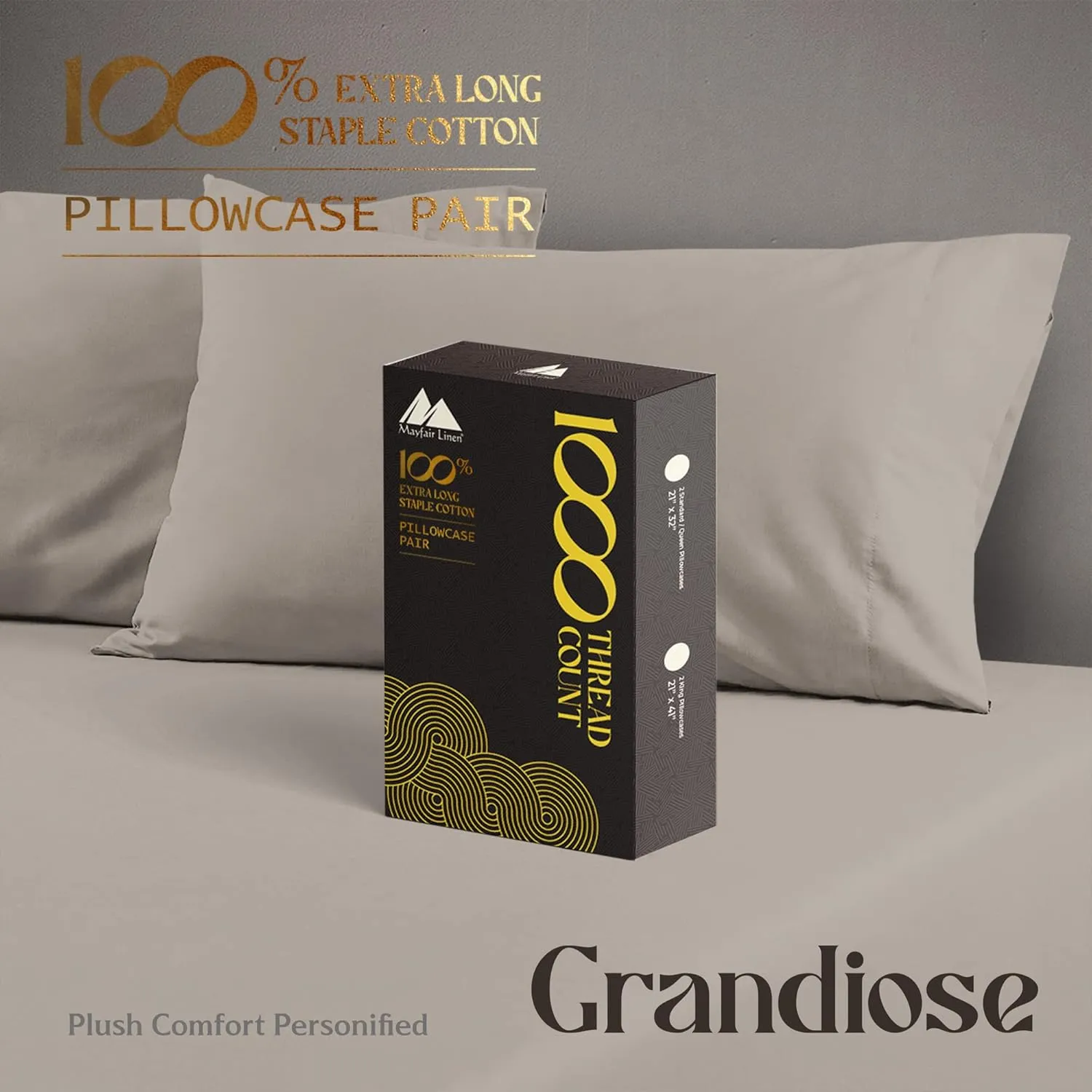 MAYFAIR LINEN 100% Egyptian Cotton Pillow Cases King - 1000 Thread Count Pillow Cases King Size Set of 2, Soft Cooling & Breathable Extra Long Staple Sateen Weave Cotton Pillow Covers for Bed - Taupe