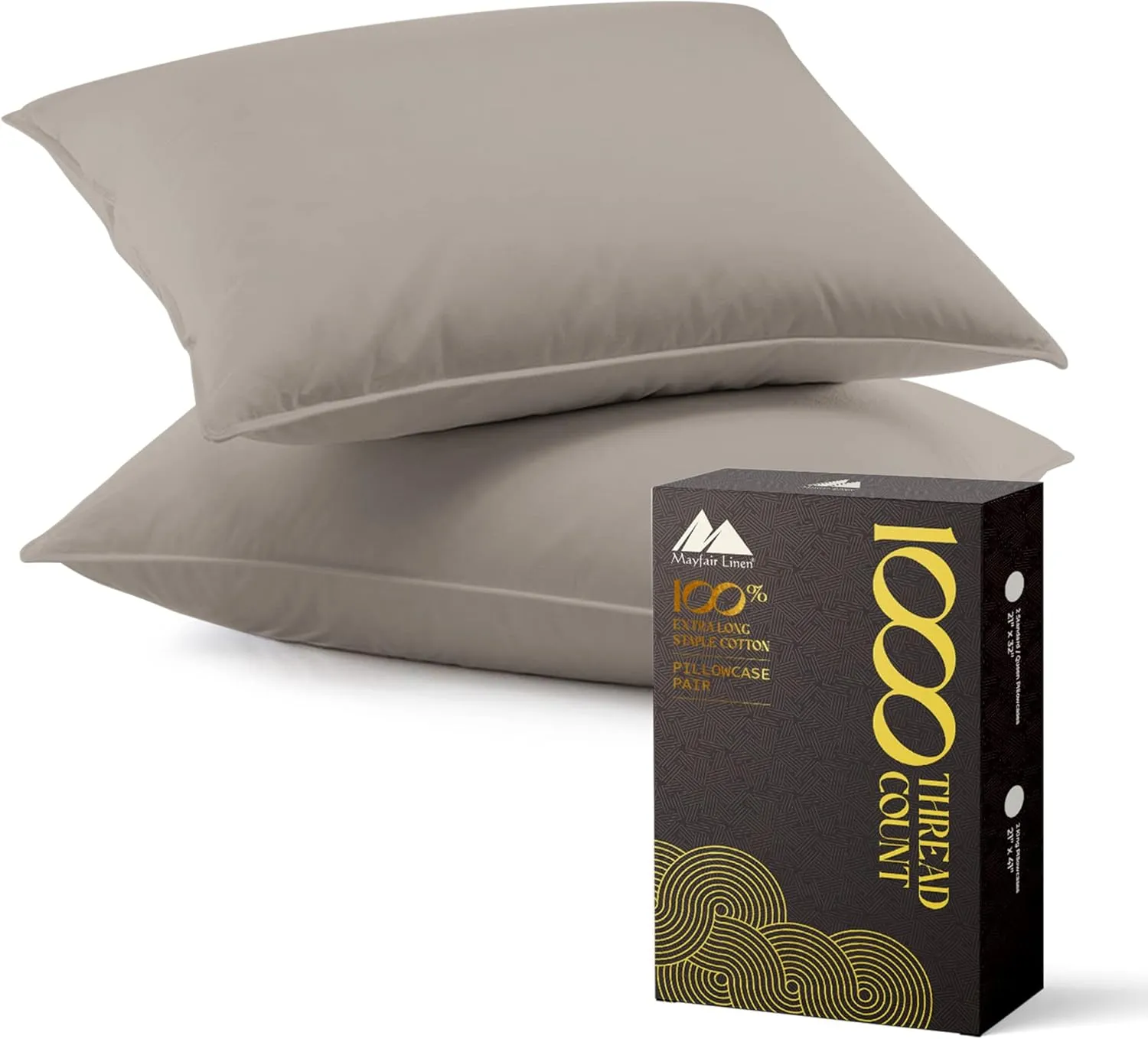 MAYFAIR LINEN 100% Egyptian Cotton Pillow Cases King - 1000 Thread Count Pillow Cases King Size Set of 2, Soft Cooling & Breathable Extra Long Staple Sateen Weave Cotton Pillow Covers for Bed - Taupe