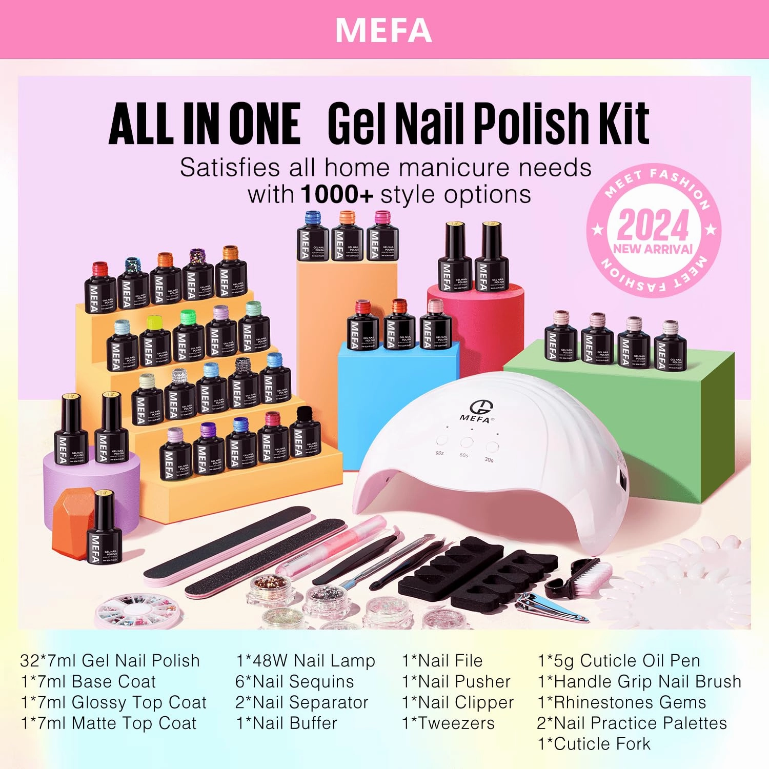 MEFA 54 Pcs Gel Nail Polish Kit with U V Light, 32 Colors Bright Neon Spring Summer Pink Gel Polish Nail Set Essential Manicure Tools Nails Gifts