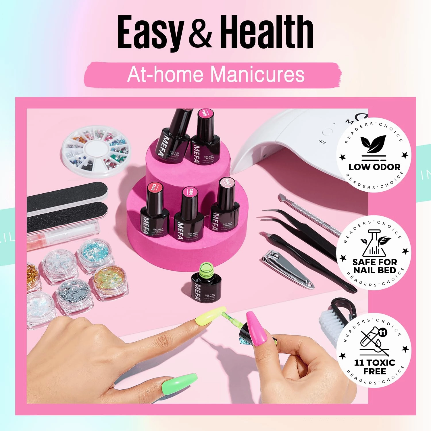 MEFA 54 Pcs Gel Nail Polish Kit with U V Light, 32 Colors Bright Neon Spring Summer Pink Gel Polish Nail Set Essential Manicure Tools Nails Gifts