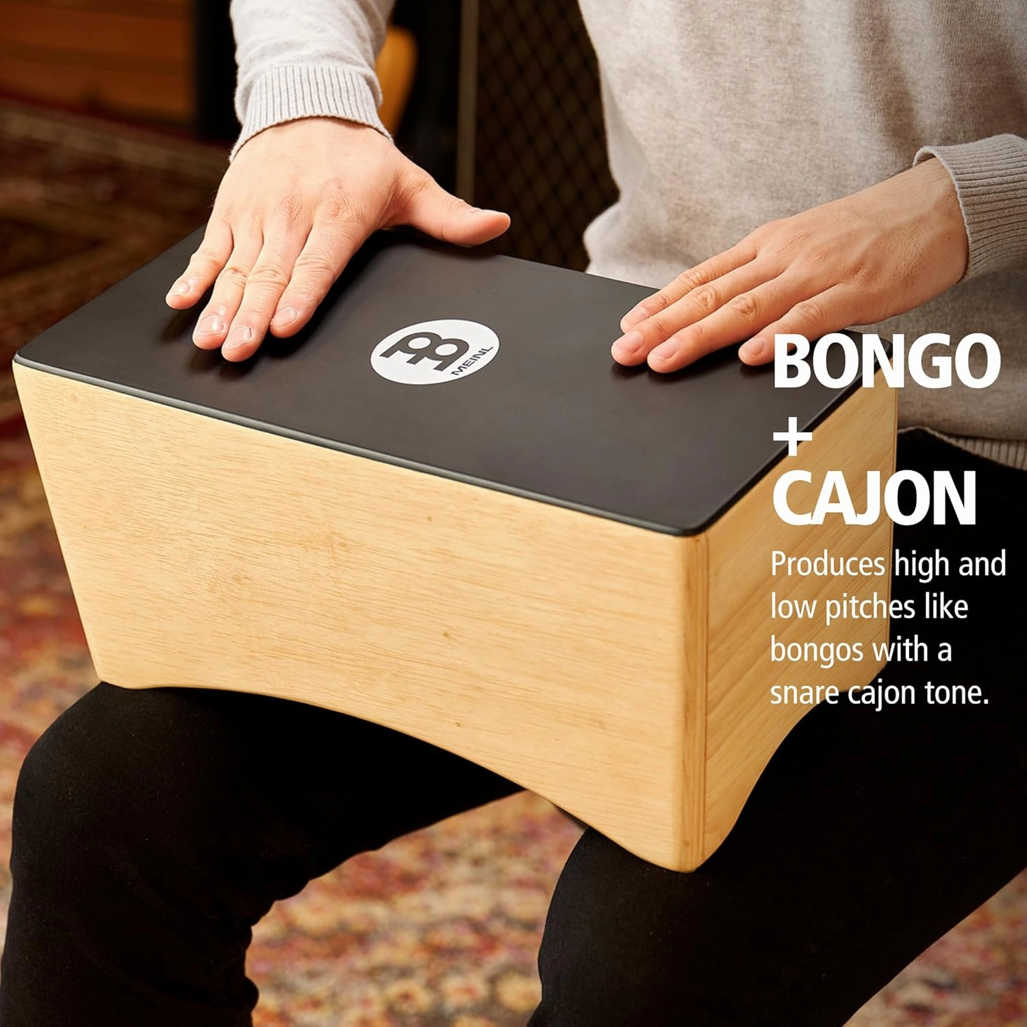 Meinl Bongo Cajon Box Drum with Internal Snares - NOT MADE IN CHINA - Ebony Black Playing Surface and Hardwood Body, 2-YEAR WARRANTY (BCA2NT/EBK-M)