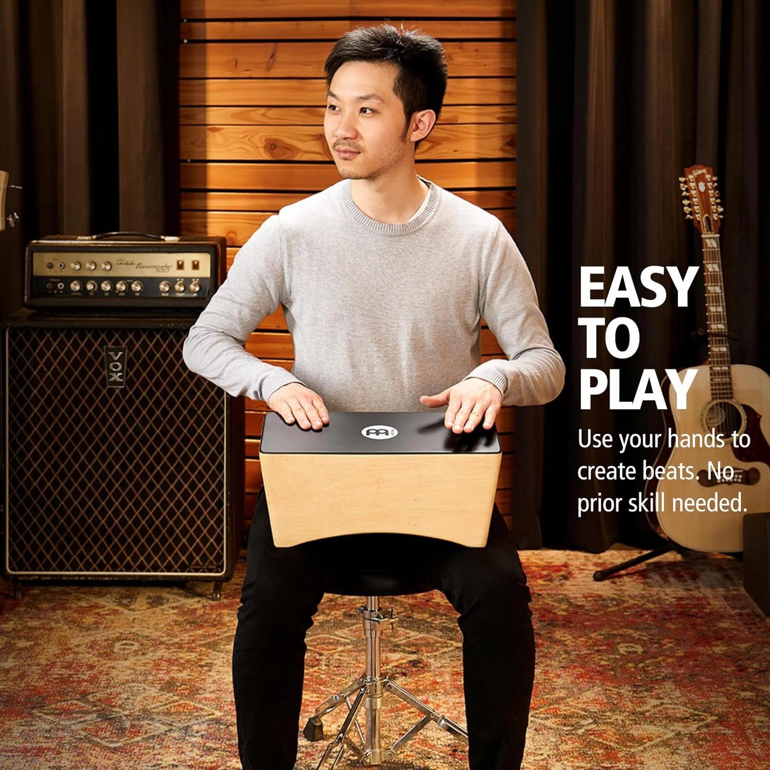 Meinl Bongo Cajon Box Drum with Internal Snares - NOT MADE IN CHINA - Ebony Black Playing Surface and Hardwood Body, 2-YEAR WARRANTY (BCA2NT/EBK-M)