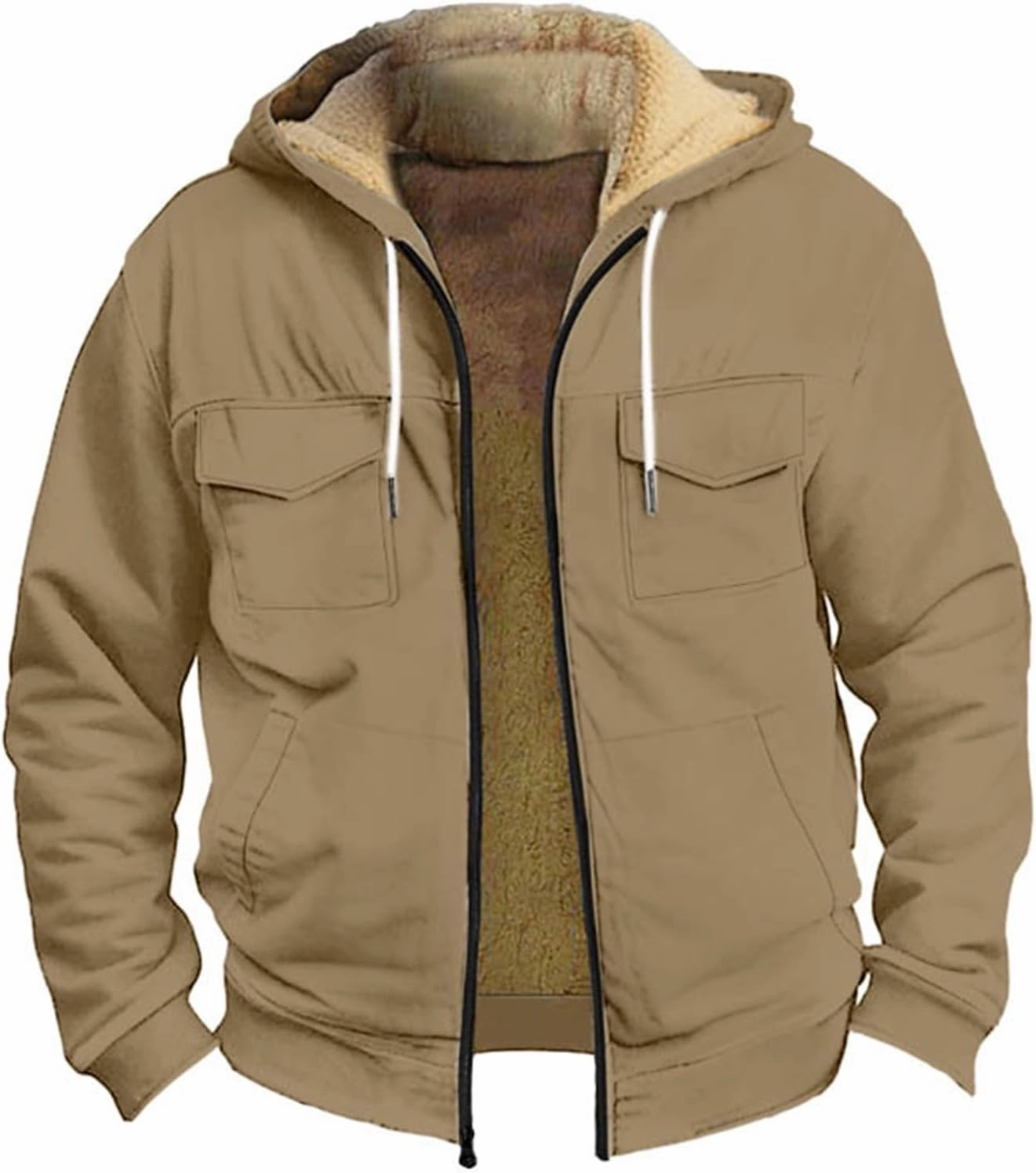 Men's Sherpa Fleece Lined Jackets Winter Warm Thick Zip Big and Tall Sherpa Lined Pullover Drawstring Coats Outwear