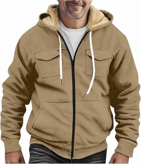 Men's Sherpa Fleece Lined Jackets Winter Warm Thick Zip Big and Tall Sherpa Lined Pullover Drawstring Coats Outwear