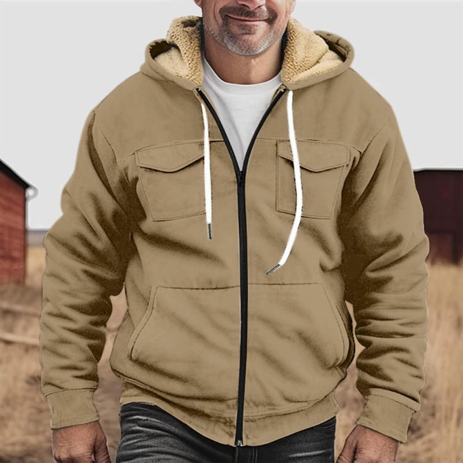 Men's Sherpa Fleece Lined Jackets Winter Warm Thick Zip Big and Tall Sherpa Lined Pullover Drawstring Coats Outwear