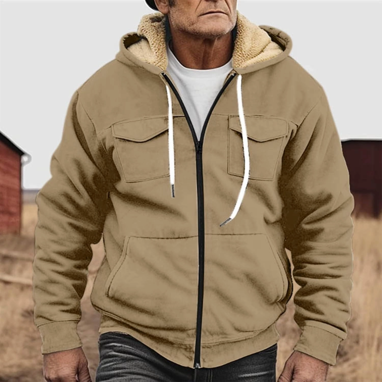 Men's Sherpa Fleece Lined Jackets Winter Warm Thick Zip Big and Tall Sherpa Lined Pullover Drawstring Coats Outwear