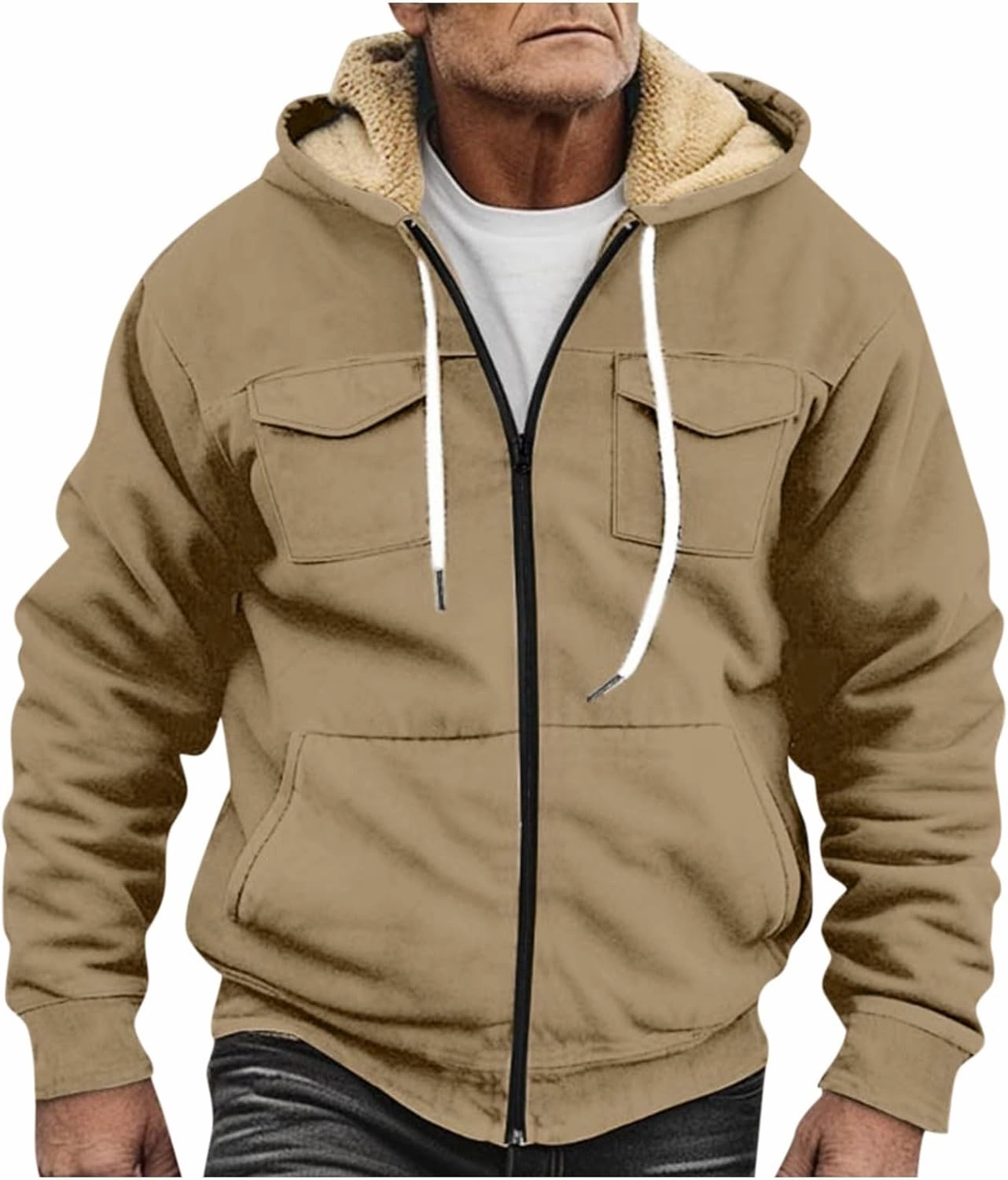 Men's Sherpa Fleece Lined Jackets Winter Warm Thick Zip Big and Tall Sherpa Lined Pullover Drawstring Coats Outwear