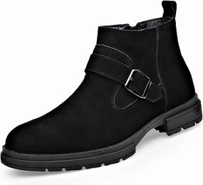 Men's Suede Buckle Low Block Heel Chelsea Ankle Boots with Zipper Retro Round Lug Sole Non-Slip Warm Plush Lining Business Chukka Booties