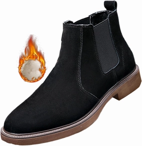 Men'S Suede Chunky Heel Retro Chelsea Boots Classic Round Toe Convenient Elastic Pull On Business Work Formal Short Boots