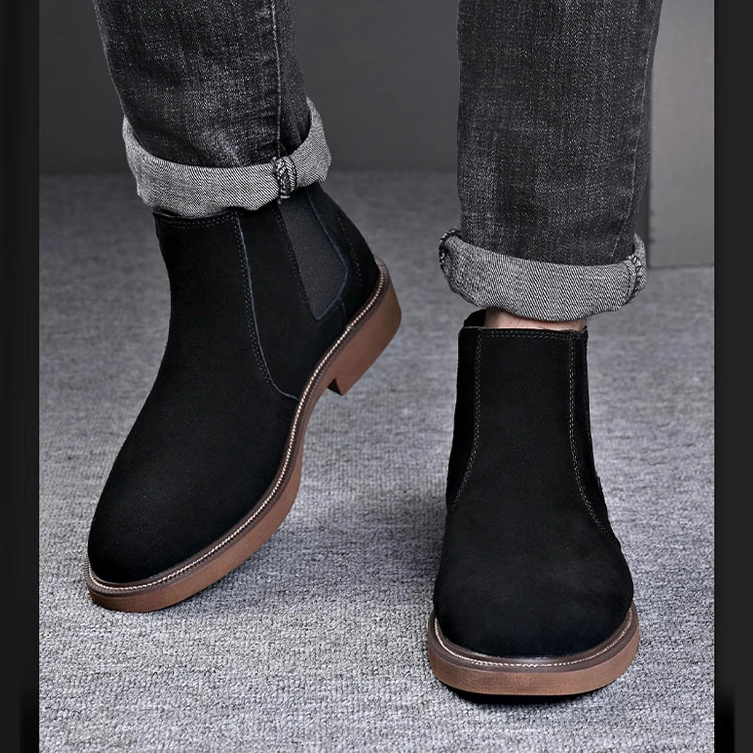 Men'S Suede Chunky Heel Retro Chelsea Boots Classic Round Toe Convenient Elastic Pull On Business Work Formal Short Boots
