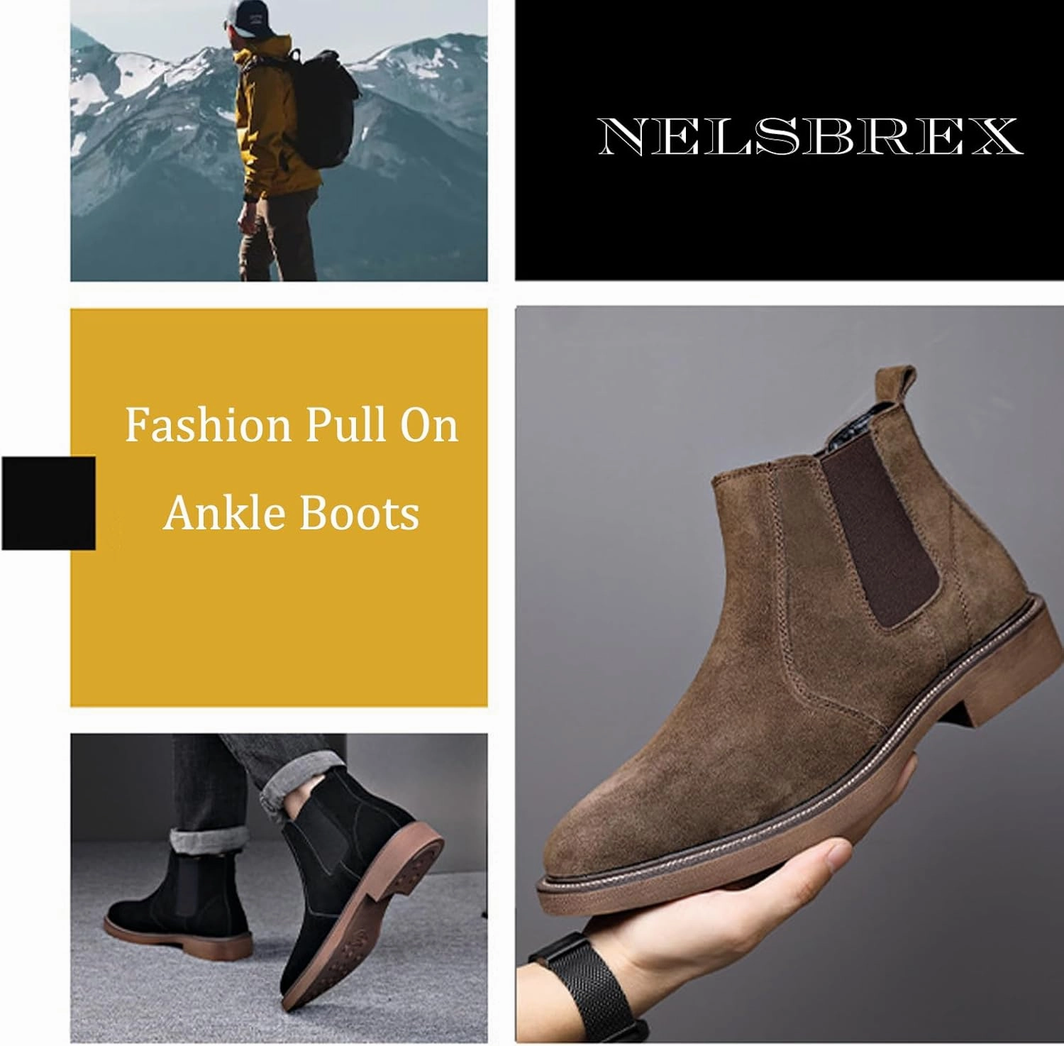 Men'S Suede Chunky Heel Retro Chelsea Boots Classic Round Toe Convenient Elastic Pull On Business Work Formal Short Boots