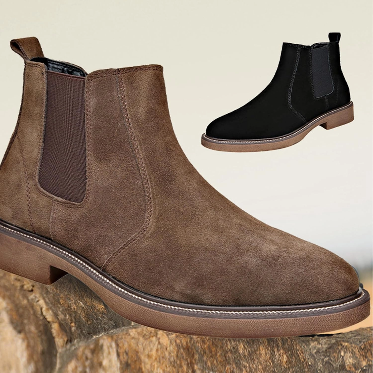 Men'S Suede Chunky Heel Retro Chelsea Boots Classic Round Toe Convenient Elastic Pull On Business Work Formal Short Boots