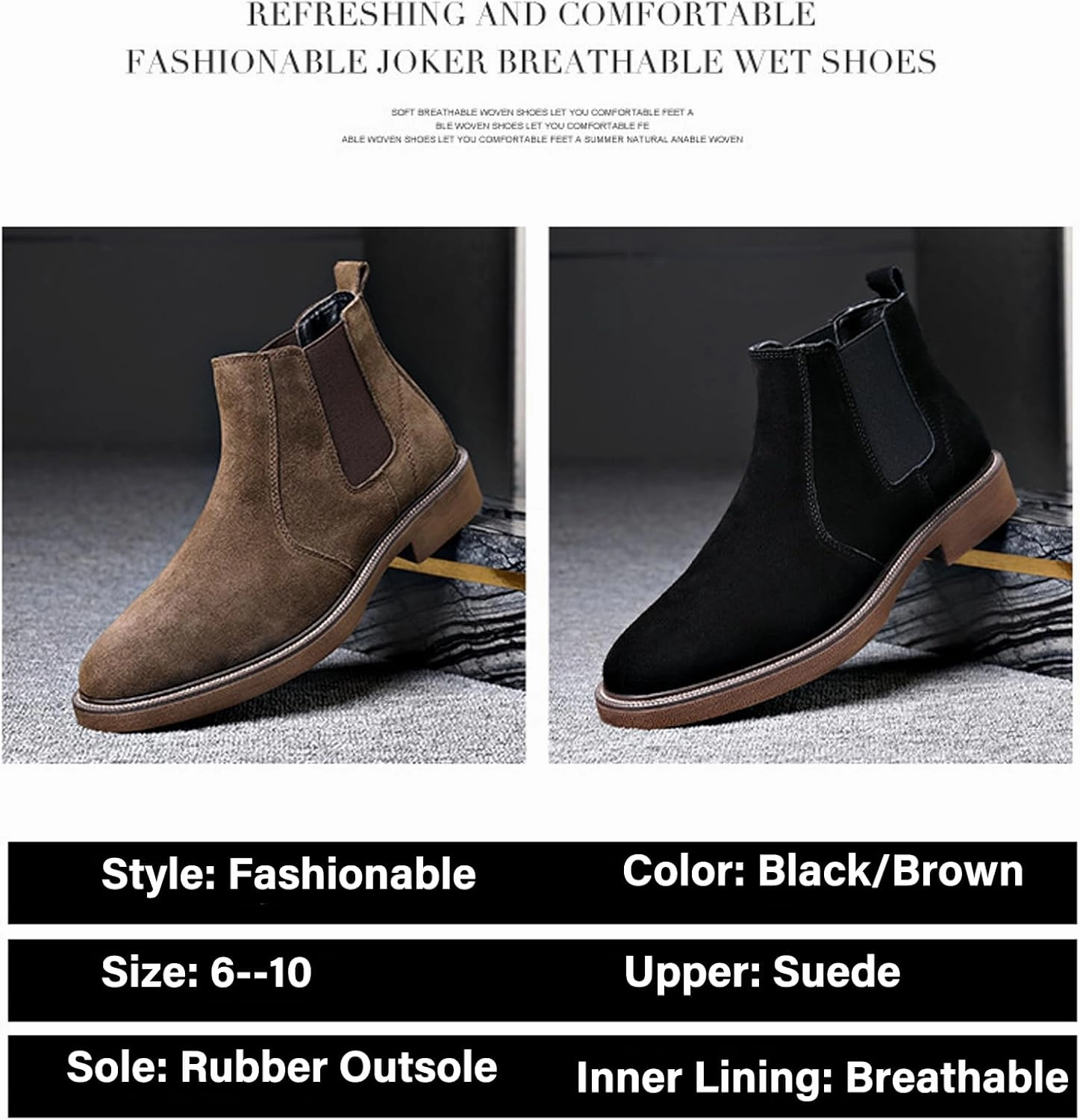 Men'S Suede Chunky Heel Retro Chelsea Boots Classic Round Toe Convenient Elastic Pull On Business Work Formal Short Boots