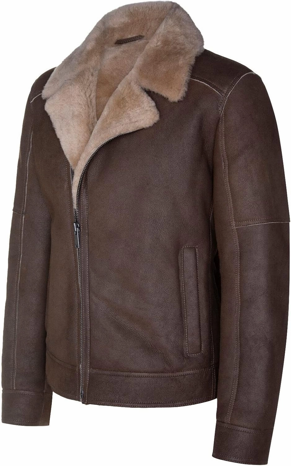 Men's Tan Brown Sheepskin Leather Biker Jacket Shearling Aviator Zipped B3