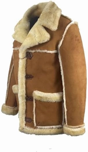 Mens Sheepskin Tan Brown Genuine Suede Leather Shearling Jacket