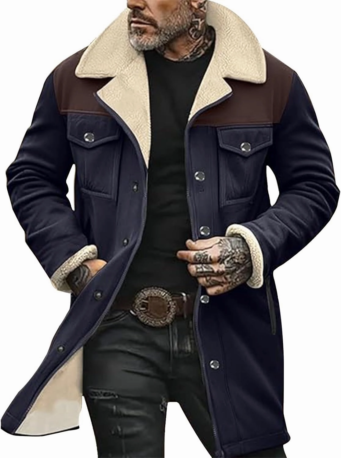 Mens Vintage Suede Jacket Plush Collar Coats Faux Leather Winter Long Jackets Men Zip Up Motorcycle Jacket Coats Retro