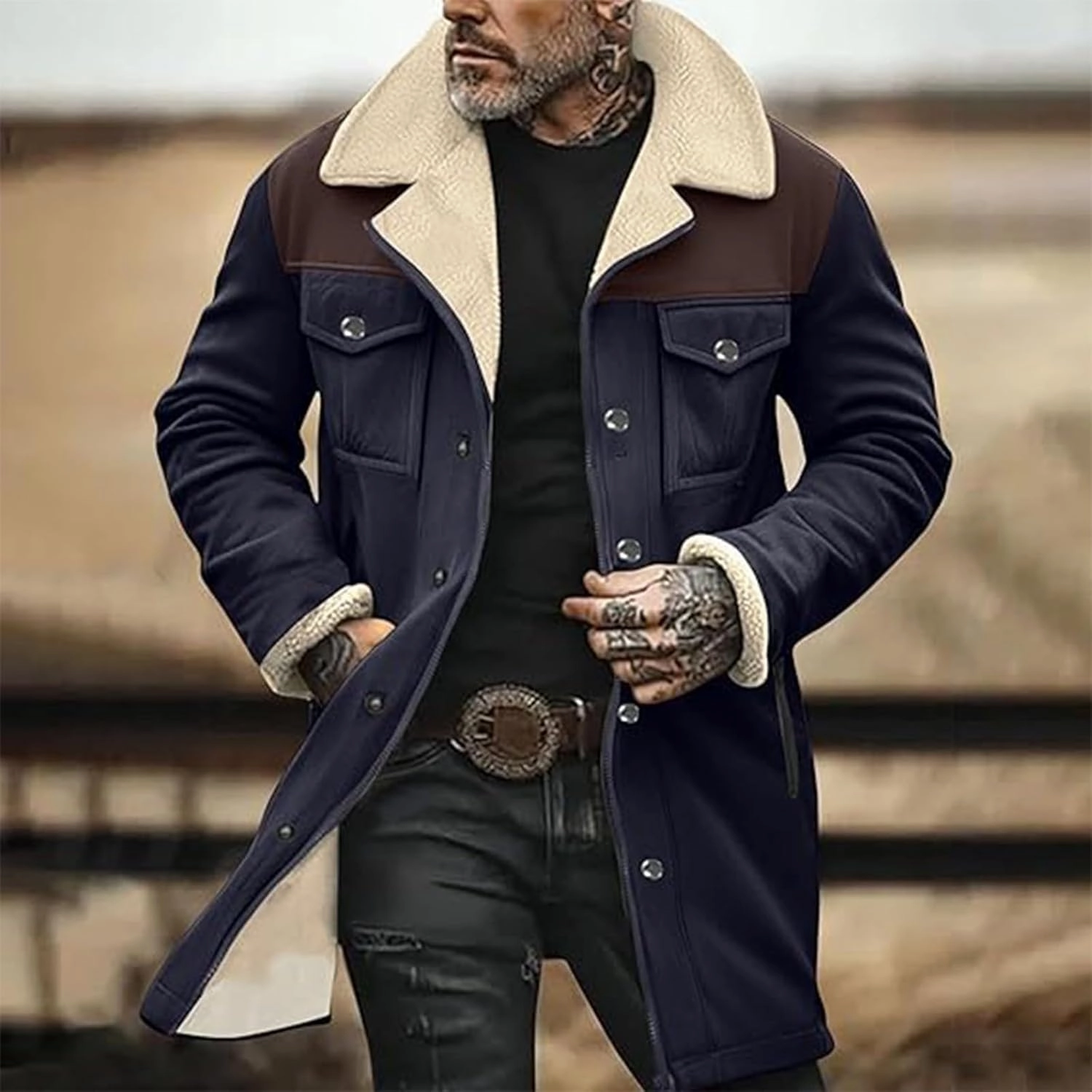 Mens Vintage Suede Jacket Plush Collar Coats Faux Leather Winter Long Jackets Men Zip Up Motorcycle Jacket Coats Retro