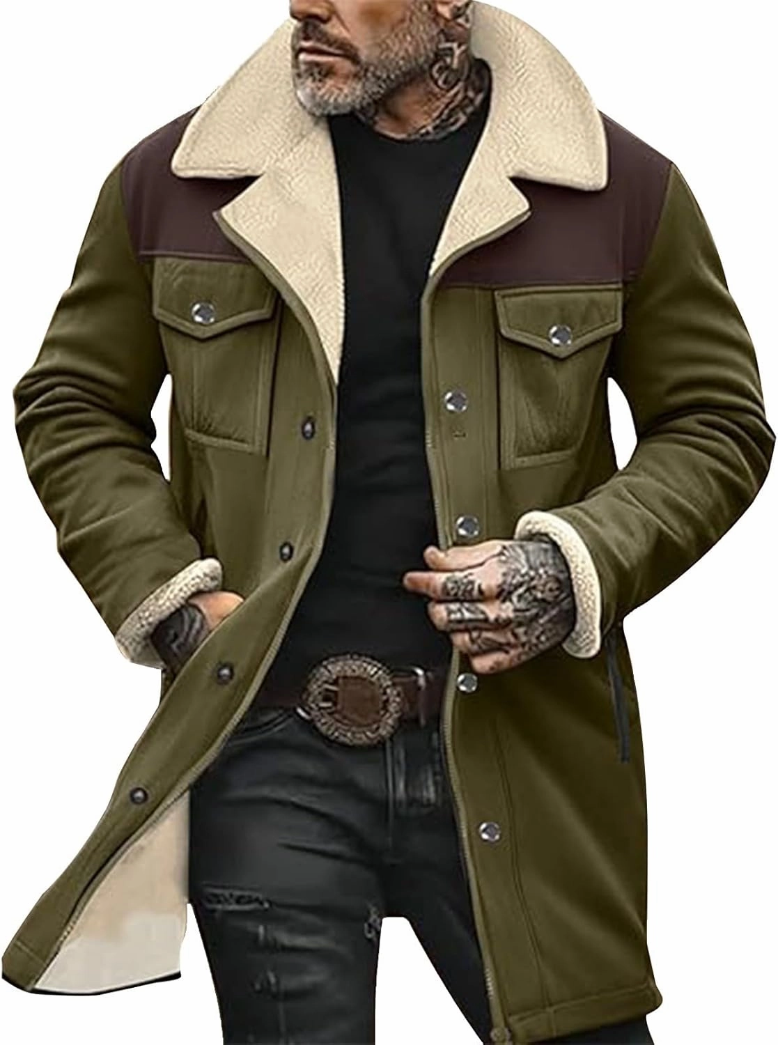 Mens Vintage Suede Jacket Plush Collar Coats Faux Leather Winter Long Jackets Men Zip Up Motorcycle Jacket Coats Retro