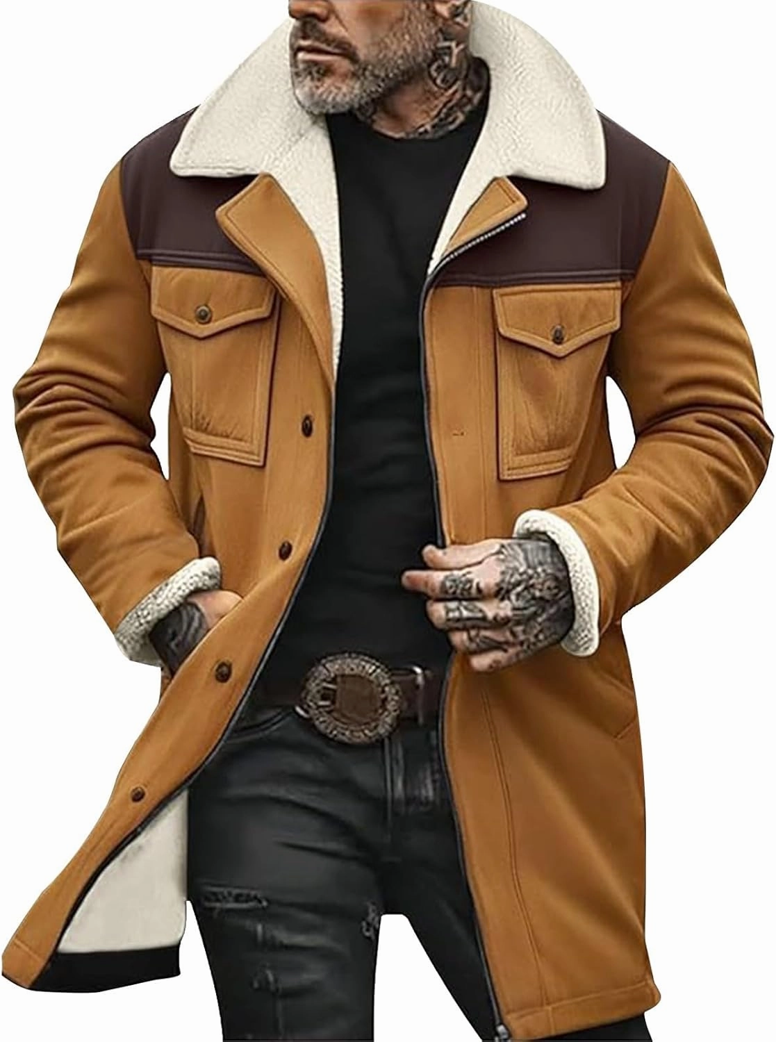 Mens Vintage Suede Jacket Plush Collar Coats Faux Leather Winter Long Jackets Men Zip Up Motorcycle Jacket Coats Retro