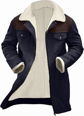 Mens Vintage Suede Jacket Plush Collar Coats Faux Leather Winter Long Jackets Men Zip Up Motorcycle Jacket Coats Retro