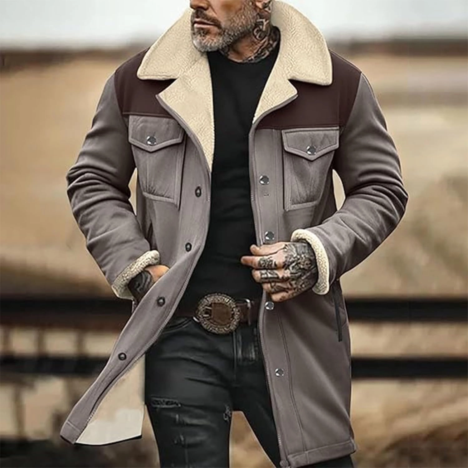 Mens Vintage Suede Jacket Plush Collar Coats Faux Leather Winter Long Jackets Men Zip Up Motorcycle Jacket Coats Retro