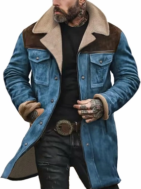 Mens Western Cowboy Vintage Suede Jacket Plush Collar Coats Faux Leather Winter Long Jackets Men Zip Up Casual Retro Tops