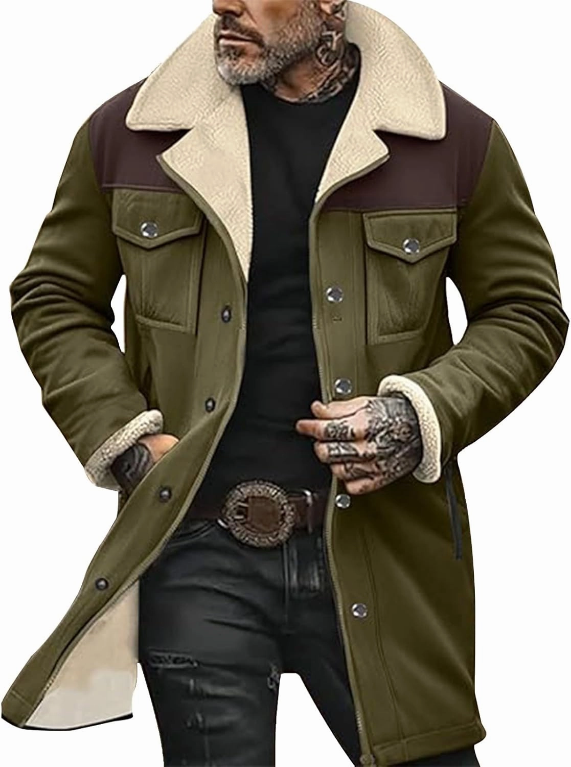 Mens Western Cowboy Vintage Suede Jacket Plush Collar Coats Faux Leather Winter Long Jackets Men Zip Up Casual Retro Tops