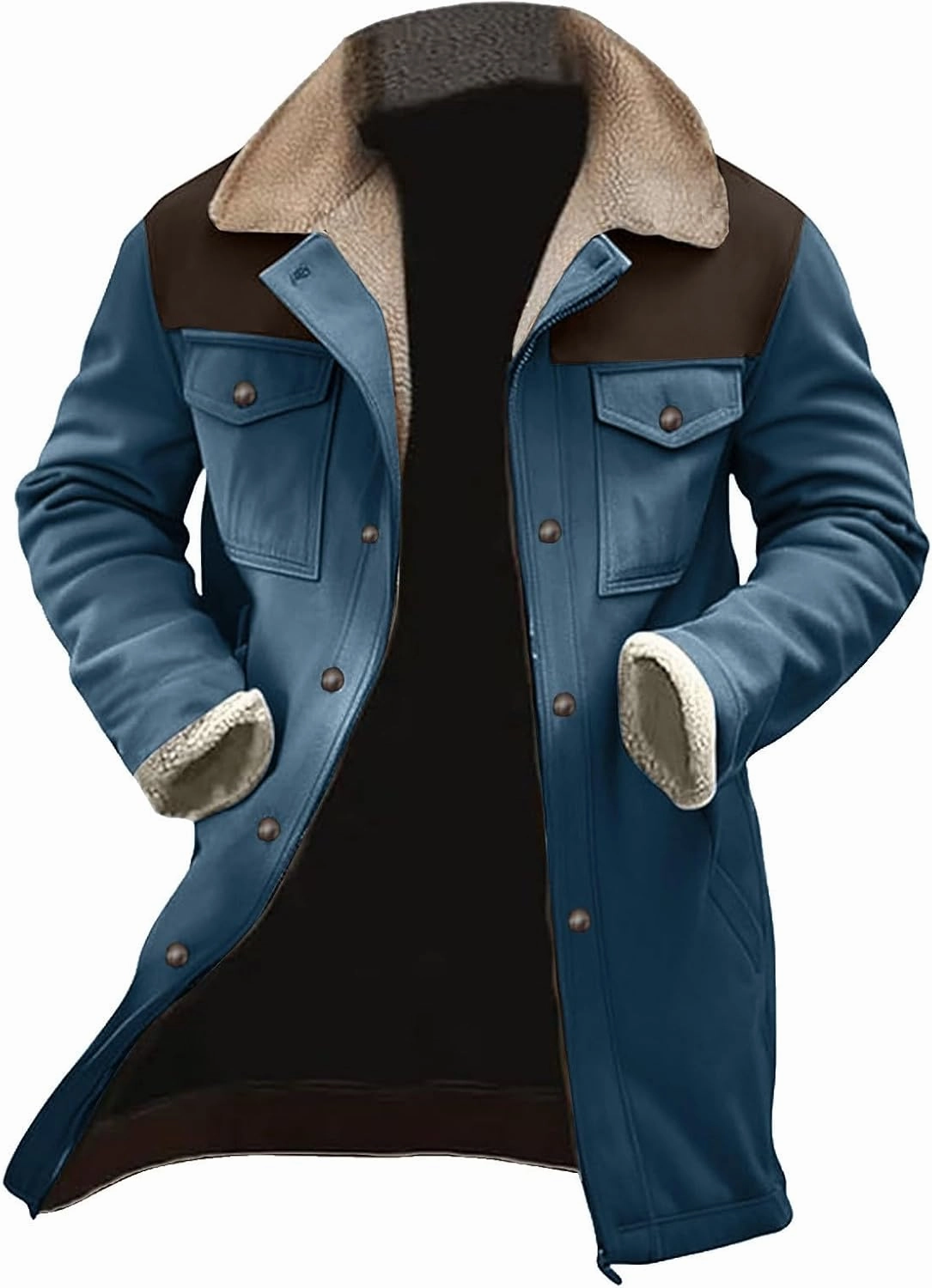 Mens Western Cowboy Vintage Suede Jacket Plush Collar Coats Faux Leather Winter Long Jackets Men Zip Up Casual Retro Tops
